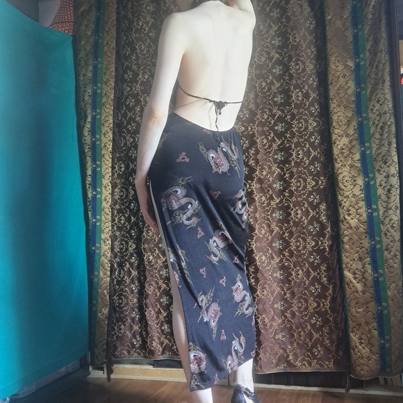 Vintage y2k Halter Midi Maxi Backless Dress Gothic Goth Classic Dragon Print - Picture 2 of 8